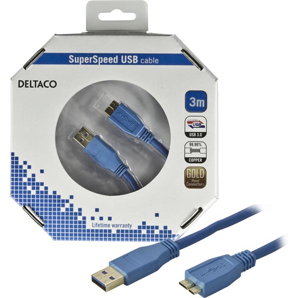 Deltaco USB 3.0 Cable, A Male - Micro-B Male, 3m, Blue, Box